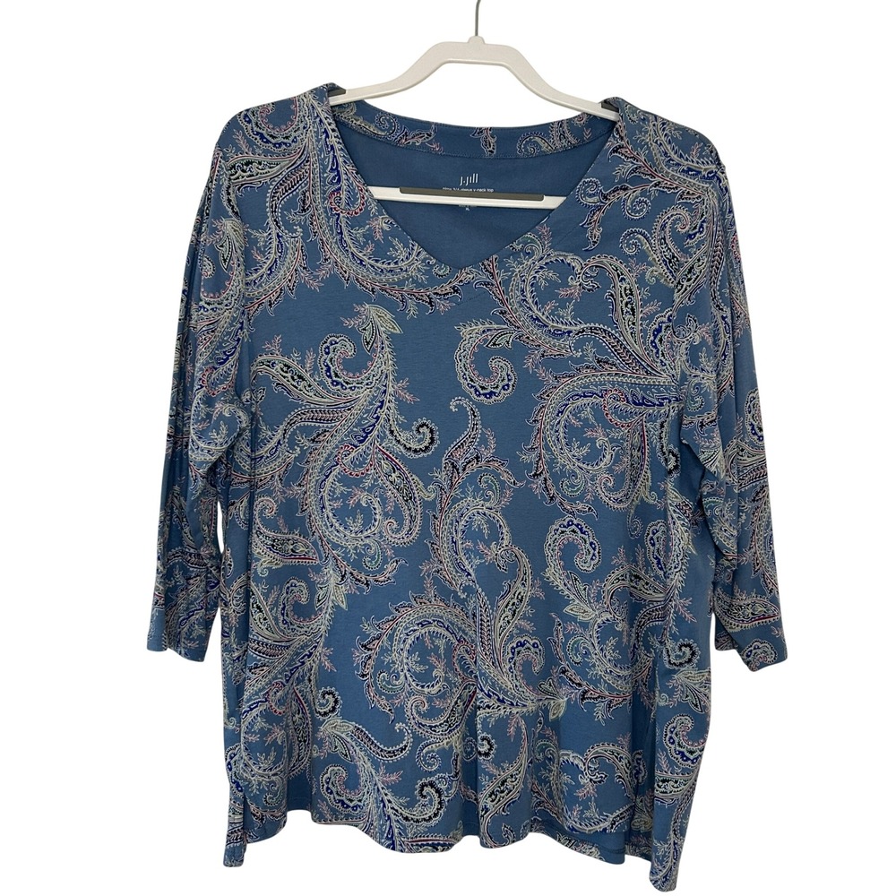 J. Jill Womens Blue Paisley 100% Pima Cotton 3/4 Sleeve V-Neck‎ T-Shirt Top XL